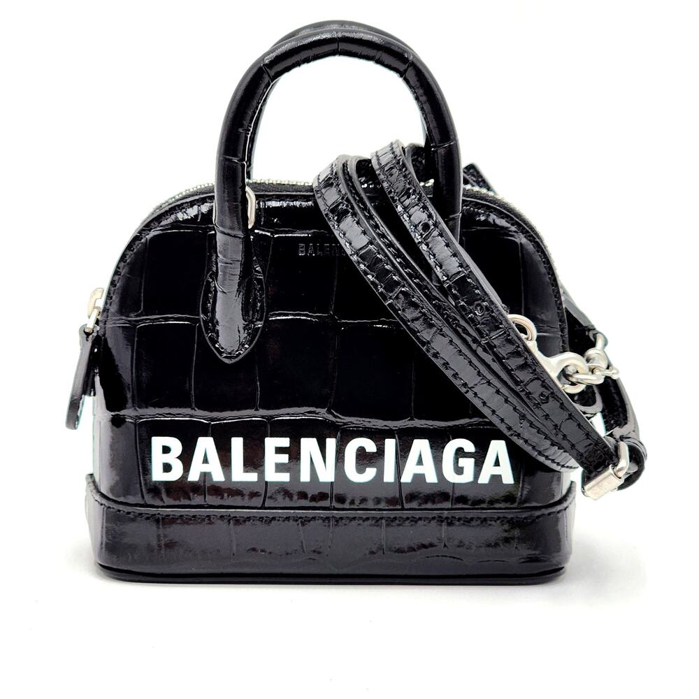 BALENCIAGA Black Calfskin Logo Crocodile Embossed Mini Ville Top Handle Bag XXS
